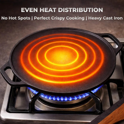 Deep Bottom 12-Inch Pre-Seasoned Cast Iron Dosa Tawa with Dual Handles (3.5 kg) – Flat Griddle for Dosa, Roti & Uttapam | Gas & Induction Compatible