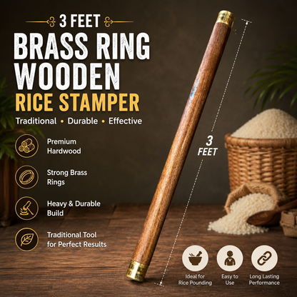 Premium 3 Feet Brass Ring Wooden Ulakkai | Traditional Rice Stamper | Mara Ulakkai