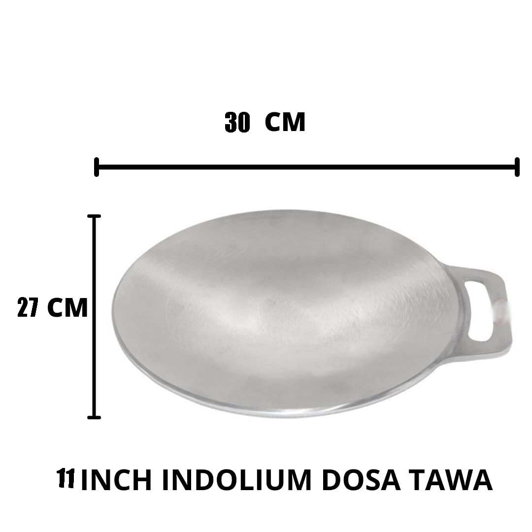 11 Inch Indolium Dosa Tawa for Making Best Dosai, Single Handle, Dishwasher Safe, Concave Base for Stove Top, Low Oil Usage (Shiny Silver, Aluminium)