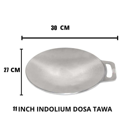 11 Inch Indolium Dosa Tawa for Making Best Dosai, Single Handle, Dishwasher Safe, Concave Base for Stove Top, Low Oil Usage (Shiny Silver, Aluminium)