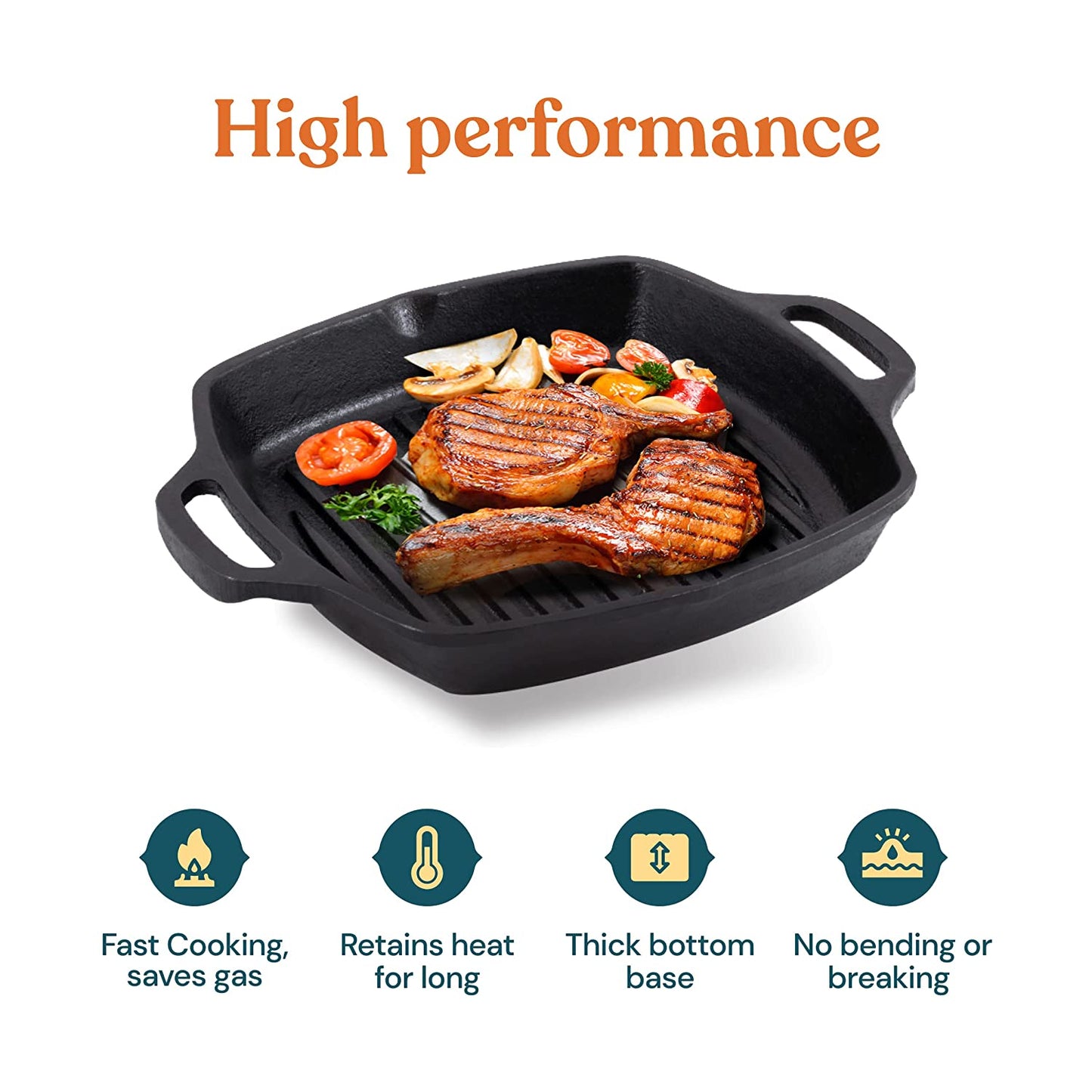Cast Iron Cookware Tandoor Grill Pan / Non-Stick Barbeque / Sandwich Maker / Induction & Gas Compatible | Fish Frying Pan / Non-Toxic - (10in, Looped Handle)