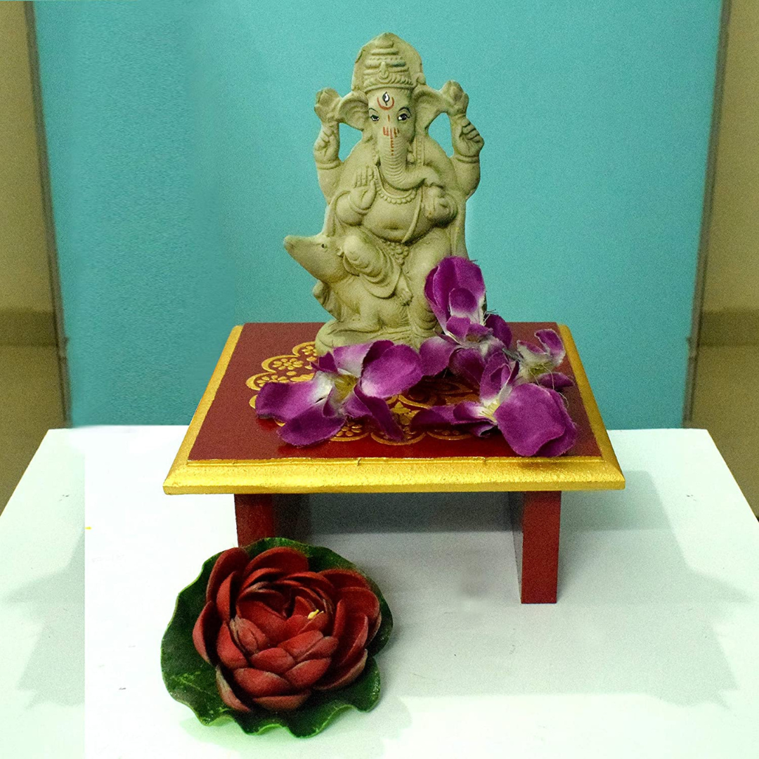 Wooden Mica Sheet Attached Mukkali Manai / Pooja Stand / Chowki / Abhisheka Peeta / Three Legged Short Stool for Puja & Decor