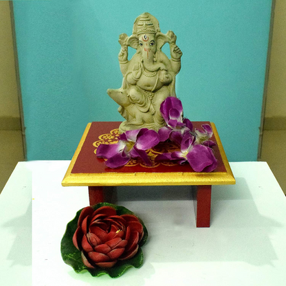 Wooden Mica Sheet Attached Mukkali Manai / Pooja Stand / Chowki / Abhisheka Peeta / Three Legged Short Stool for Puja & Decor