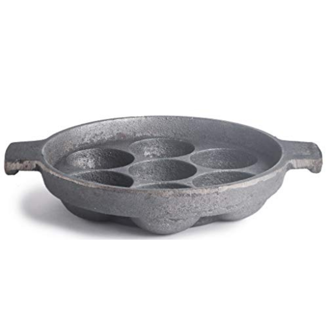 Induction & Gas Compatible - Cast Iron Flat Base Kuzhi Paniyaram Kallu / Paddu Pan / Ponganalu Chatti with 7 Cavities