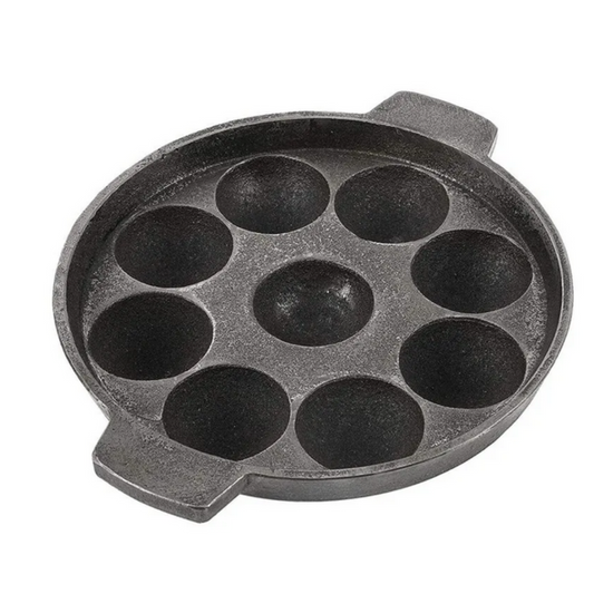 Induction & Gas Compatible - Cast Iron Flat Base Kuzhi Paniyaram Kallu / Paddu Pan / Ponganalu Chatti with 9 Cavities