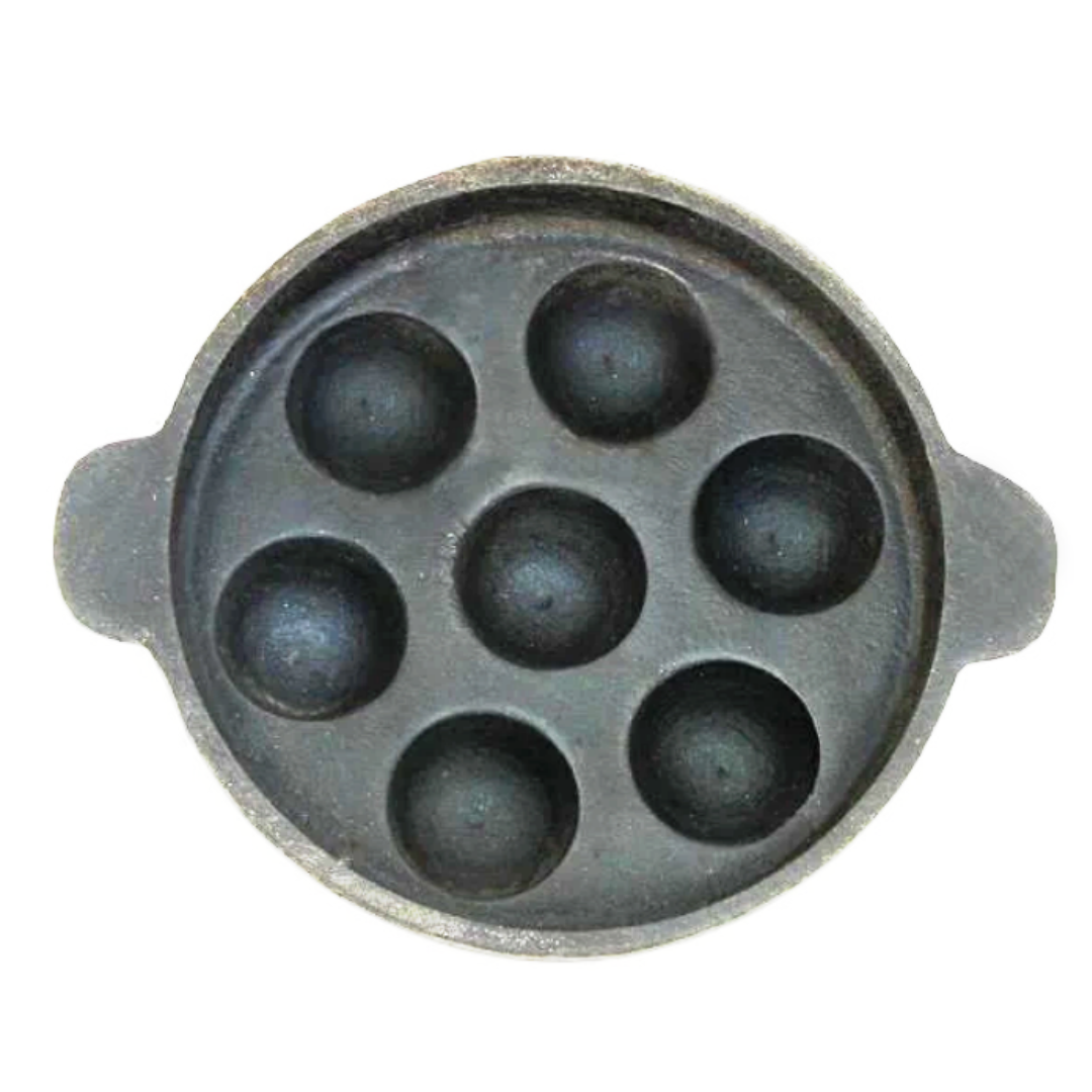 Induction & Gas Compatible - Cast Iron Flat Base Kuzhi Paniyaram Kallu / Paddu Pan / Ponganalu Chatti with 7 Cavities