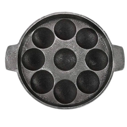 Induction & Gas Compatible - Cast Iron Flat Base Kuzhi Paniyaram Kallu / Paddu Pan / Ponganalu Chatti with 9 Cavities