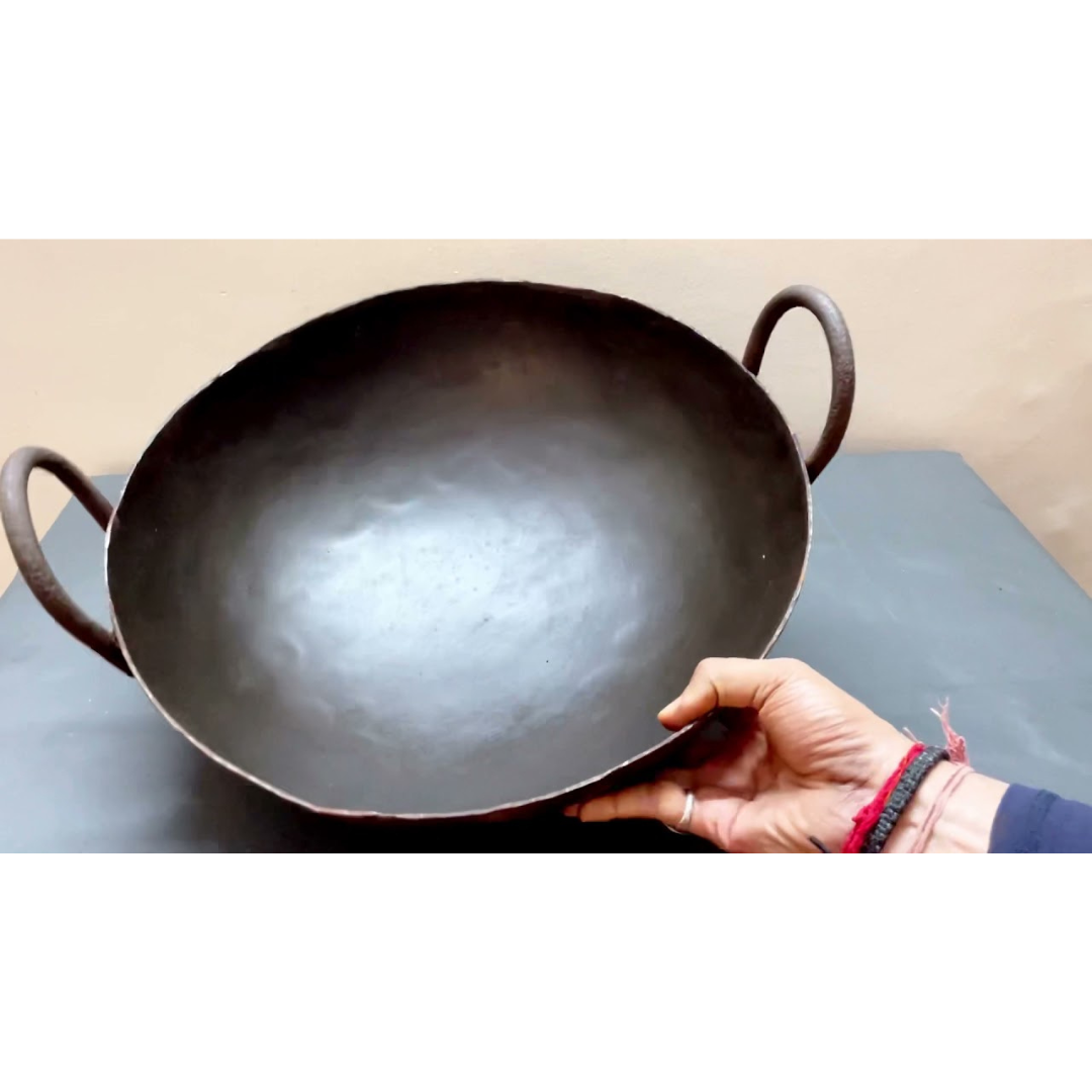 Handmade Heavy Weight Pure Iron Kadai for Cooking (8 to 15 Inches), Black